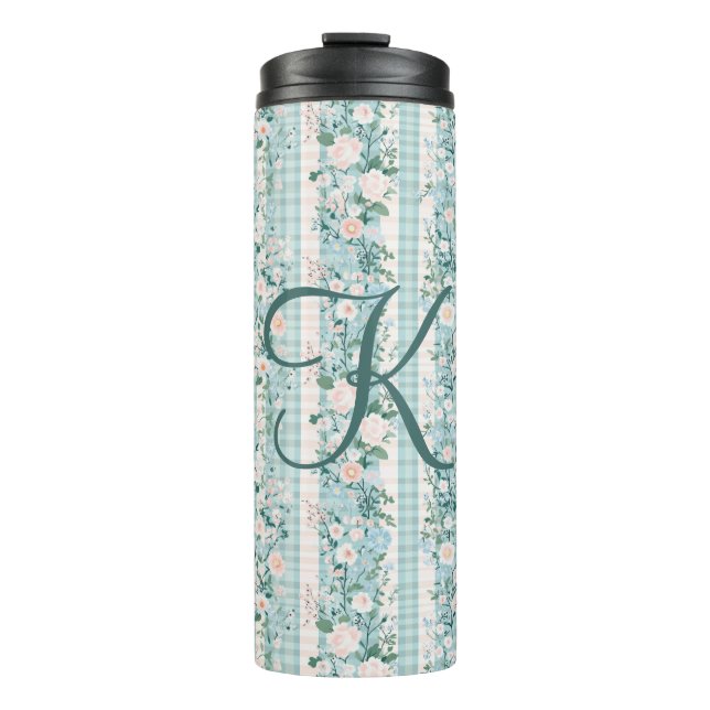 Termo Flores acuarela rosa y azul con gingham Monograma  (Anverso)