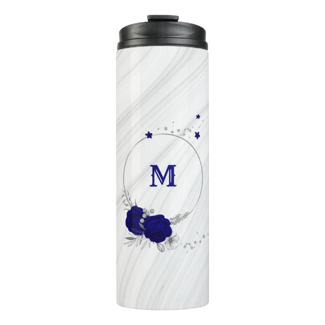 Termo flores azul real hojas de plata mármol (Anverso)