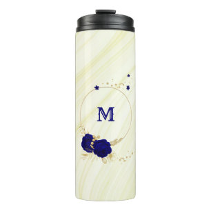 Termo flores azul real hojas doradas mármol