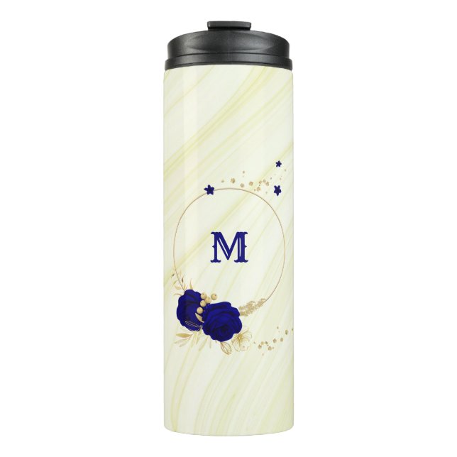 Termo flores azul real hojas doradas mármol (Anverso)