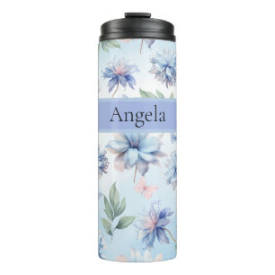 Termo Flores Azules Personalizadas y Mariposas Rosadas