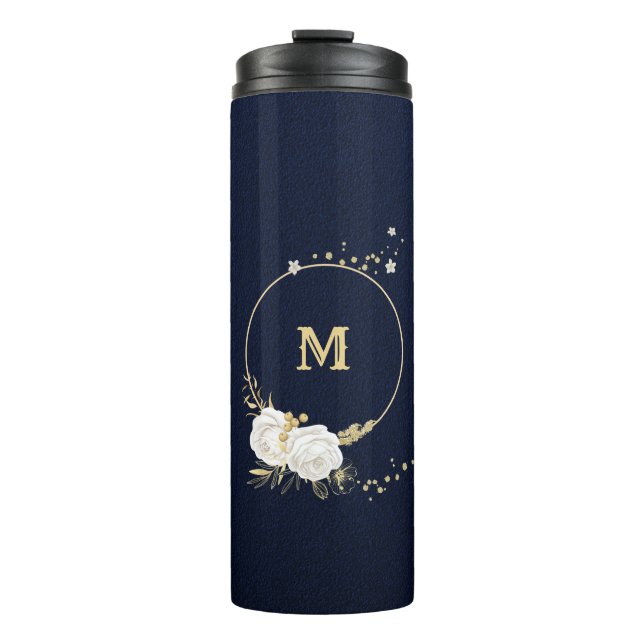 Termo flores blancas hojas doradas azul marino (Anverso)