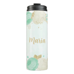 Termo flores blancas verde menta oro floral 
