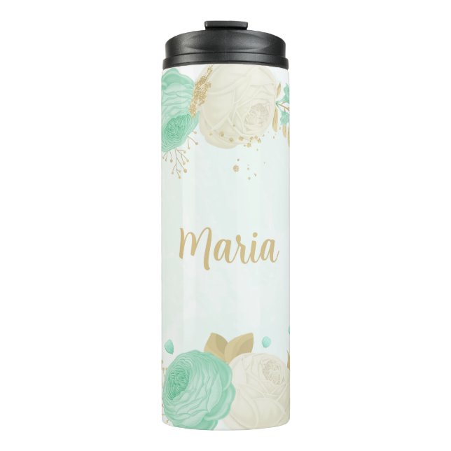 Termo flores blancas verde menta oro floral  (Anverso)