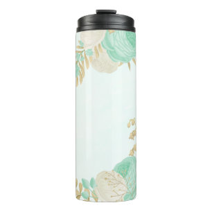 Termo flores blancas verde menta oro floral