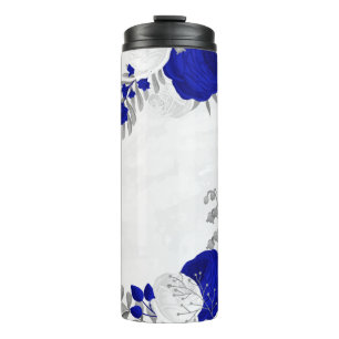 Termo flores blancas y azul real botánico de plata