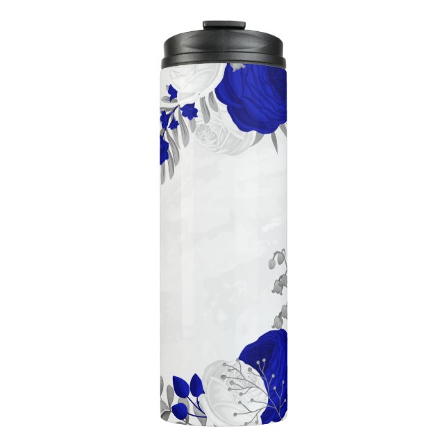 Termo flores blancas y azul real botánico de plata (Anverso)