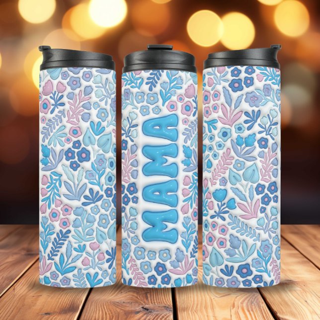 Termo Flores Blue Boho Flores 3D infladas mamá (3D Inflated Blue Boho Flowers Pattern Mama Thermal Tumbler)