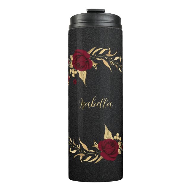 Termo Flores burdeos elegantes negro de oro (Anverso)
