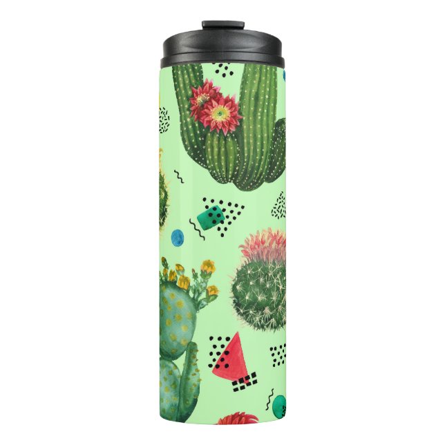 Termo Flores de cactus: fondo geométrico acuarela. (Anverso)