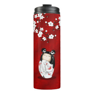 Termo Flores de cerezo blanco rojo de muñeca Kokeshi