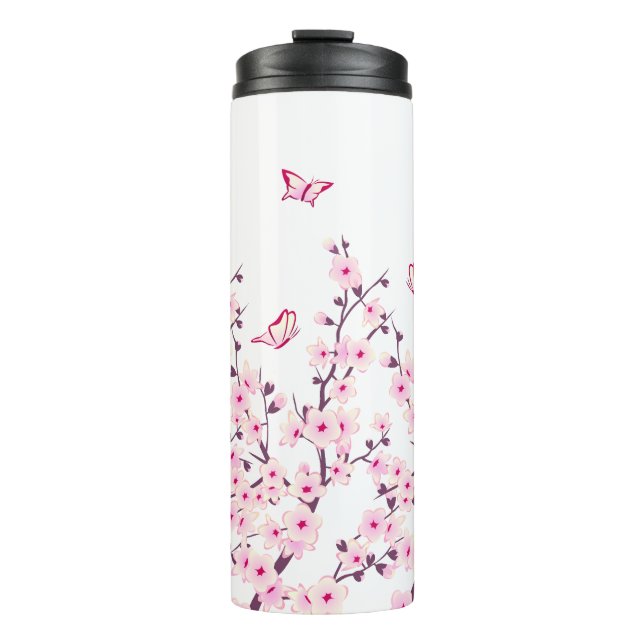 Termo Flores de cerezo mariposas rosa blanco (Anverso)