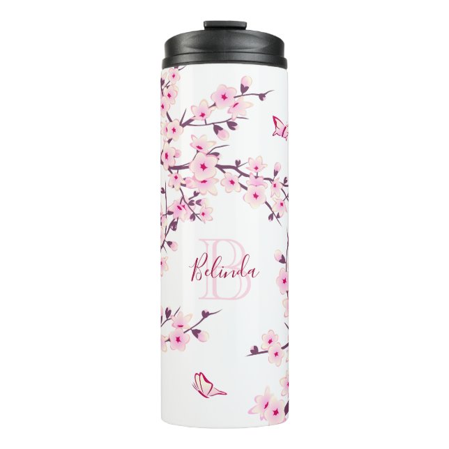 Termo Flores de cerezo rosadas y blancas con monograma  (Anverso)