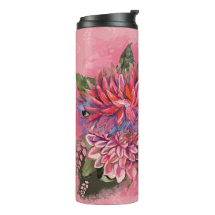 Termo Flores de dalias rosadas acuarela