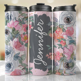 Termo Flores de gris rosado Añadir nombre Personalizado