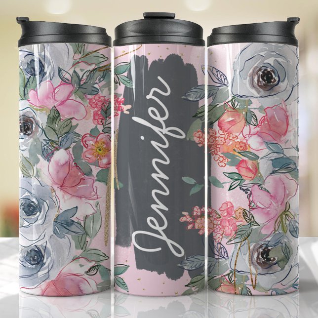 Termo Flores de gris rosado Añadir nombre Personalizado  (Floral Personalized Tumbler)