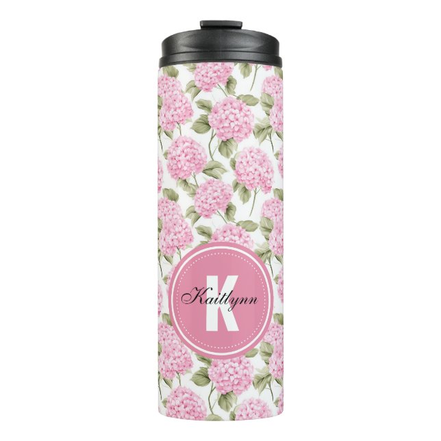 Termo Flores de Hortensia Rosa Elegante con Monograma (Anverso)