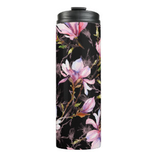 Termo Flores de magnolia rosa en un patrón de ramita