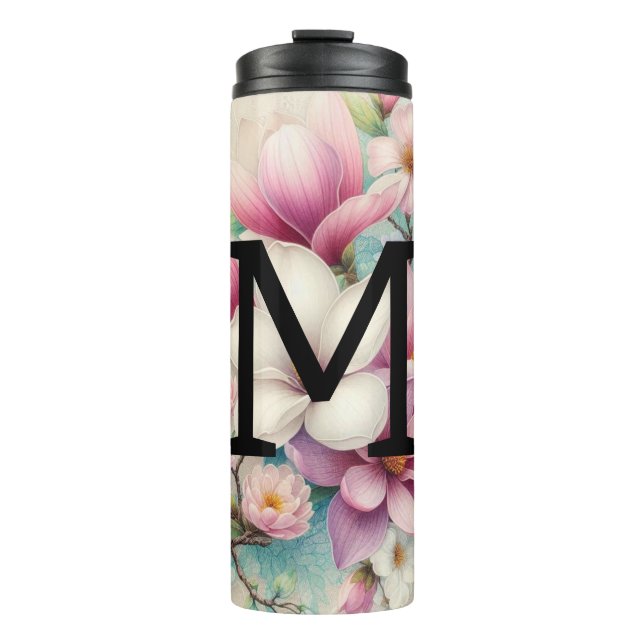 Termo Flores de magnolias púrpura rosadas de encaje mono (Anverso)