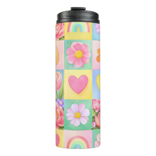 Termo Flores de primavera en corazón de cuadros