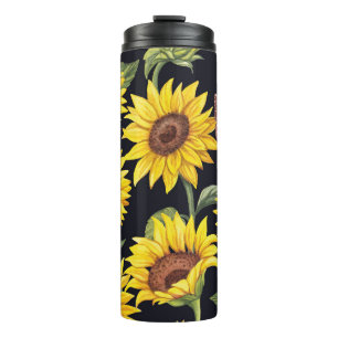 Termo Flores de sol, mariposas, acuarela de fondo negro