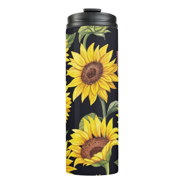 Termo Flores de sol, mariposas, acuarela de fondo negro (Anverso)