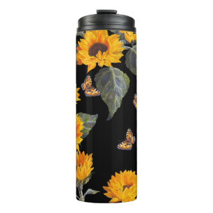Termo Flores de sol y mariposas: fondo negro acuarela
