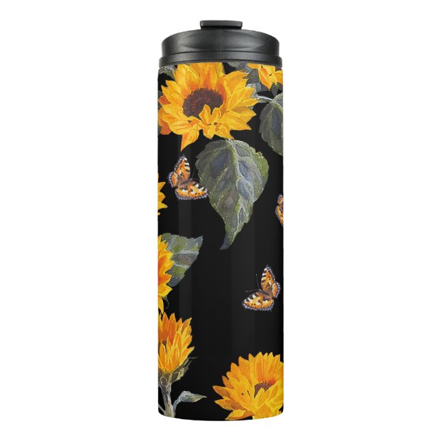 Termo Flores de sol y mariposas: fondo negro acuarela (Anverso)
