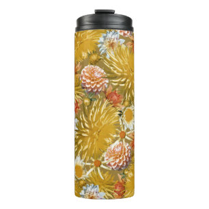 Termo Flores doradas de dalia, diseño floral vintage.