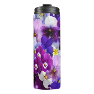 Termo Flores florales de color morado azul blanco pansy