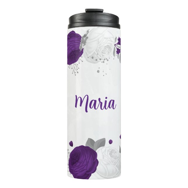 Termo flores moradas blancas plata botánica (Anverso)