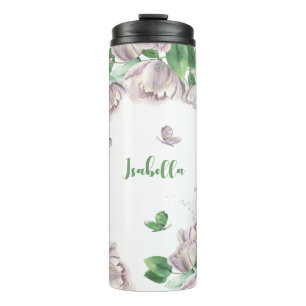 Termo flores moradas vegetación mariposas 