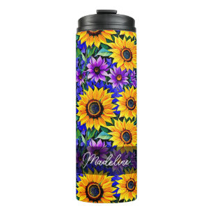 Termo Flores moradas y girasoles amarillos personalizado