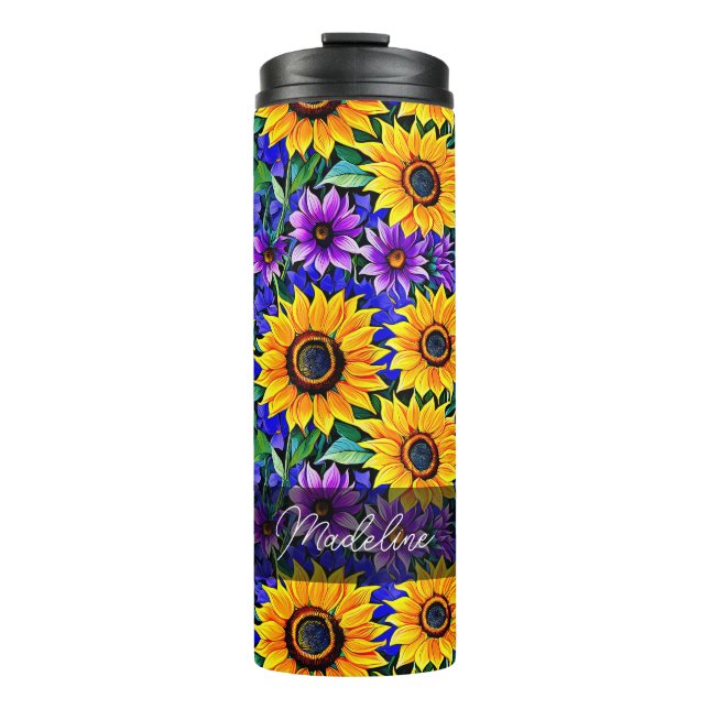 Termo Flores moradas y girasoles amarillos personalizado (Anverso)