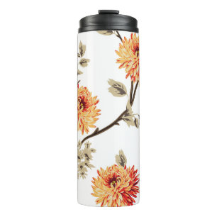 Termo flores naranjas lindas con un patrón de hojas marr