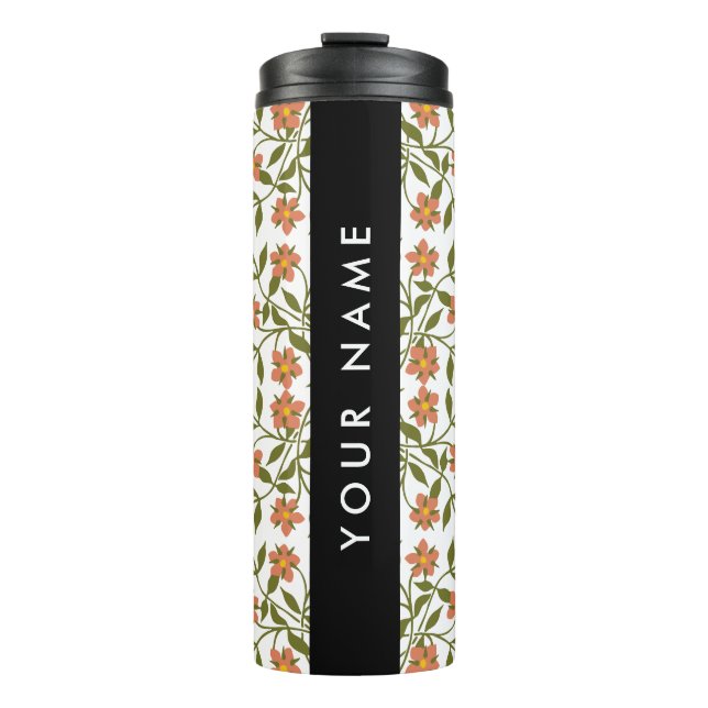 Termo Flores Naranjas, Patrón Floral, Boho, Tu Nombre (Anverso)