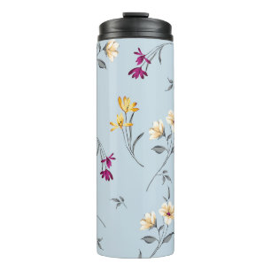 Termo flores pequeñas violeta y crema hojas trozos