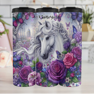 Termo Flores púrpuras de caballos blancos encantados