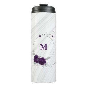 Termo flores reales moradas hojas de plata mármol