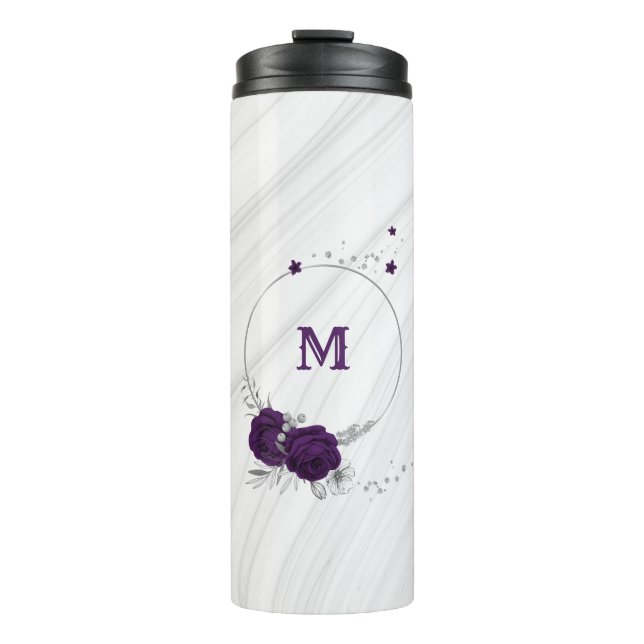 Termo flores reales moradas hojas de plata mármol (Anverso)