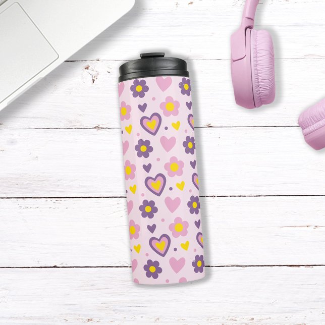 Termo Flores Retro Corazones Patrón Rosa, Morado, Amaril (Subido por el creador)