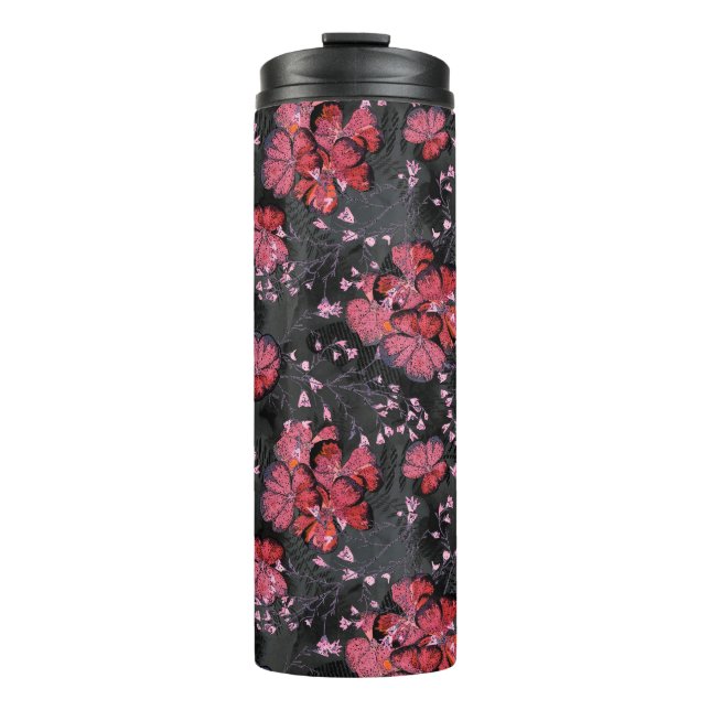 Termo Flores rojas en un fondo negro-gris. (Anverso)