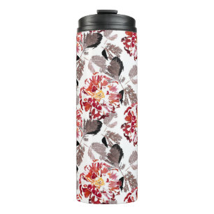 Termo Flores rojas, floral, retro, rojo y blanco