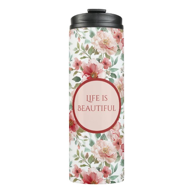 Termo Flores Rojas Rosadas Cita Personalizada (Anverso)