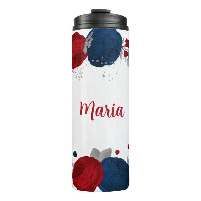 Termo flores rojas y azul marino botánico plateado (Anverso)