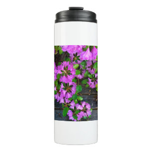 Termo Flores rosadas de Azaleas, grano de madera rústico