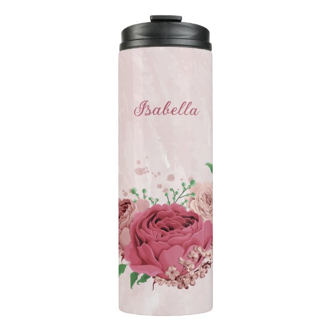 Termo flores rosadas hojas verdes boda (Anverso)