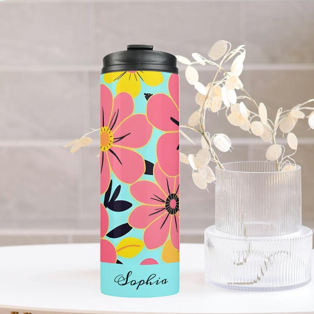 Termo Flores rosas y amarillas en azul cielo- estilo dop (Pink & Yellow Blossoms on Sky Blue- Dopamine Style Thermal Tumbler)