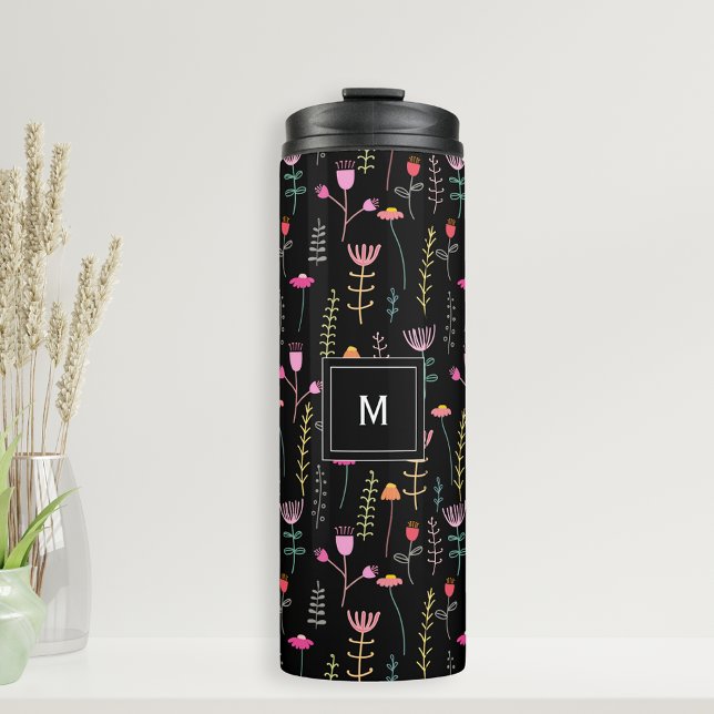 Termo Flores silvestres de neón sobre negro, monogramada (Personalized monogram   Thermal Tumbler drink bottle with bright Wildflowers on a black background)