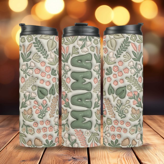 Termo Flores verdes de boho 3d infladas mamá (3D Inflated Green Boho Flowers Mama Thermal Tumbler)
